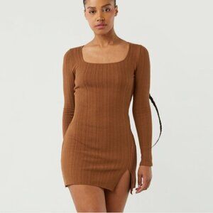 Oak + Fort brown square neck long sleeve mini dress
